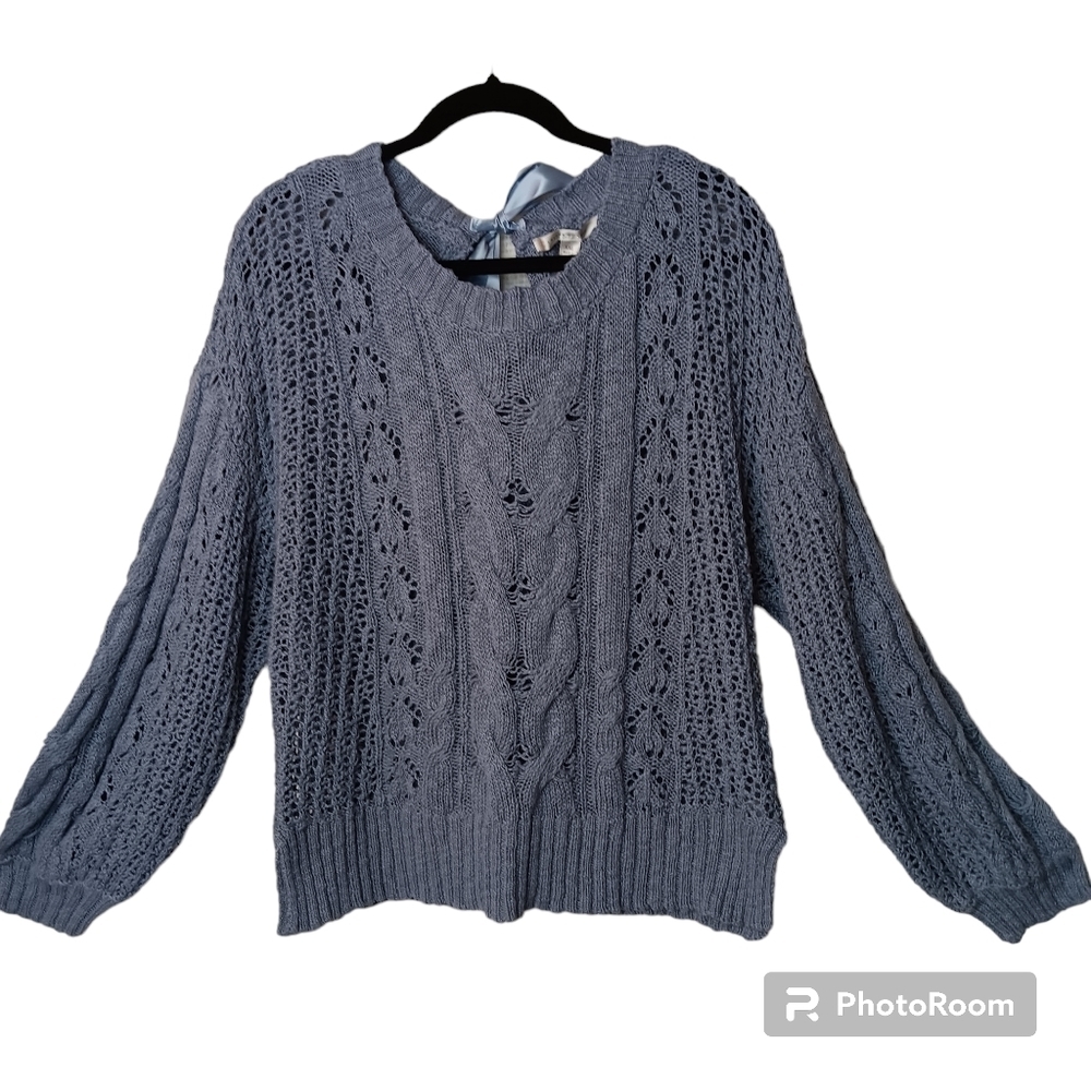 Lauren Conrad Smokey-Blue Delicate Loose  Knit Cable Knit Keyhole Back Tie